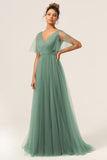 Eucalyptus V Neck Open Back A Line Bridesmaid Dress