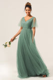 Eucalyptus V Neck Open Back A Line Bridesmaid Dress