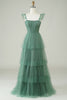 Load image into Gallery viewer, A Line Spaghetti Straps Long Tulle Eucalyptus Bridesmaid Dress
