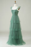 A Line Spaghetti Straps Long Tulle Eucalyptus Bridesmaid Dress