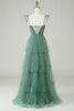 Load image into Gallery viewer, A Line Spaghetti Straps Long Tulle Eucalyptus Bridesmaid Dress