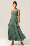 A Line One Shoulder Eucalyptus Long Bridesmaid Dress with Ruched