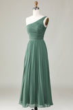 Eucalyptus One Shoulder A Line Ruched Bridesmaid Dress