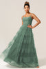 Load image into Gallery viewer, Gorgeous A Line Spaghetti Straps Eucalyptus Tulle Long Bridesmaid Dress