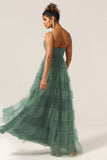 Gorgeous A Line Spaghetti Straps Eucalyptus Tulle Long Bridesmaid Dress