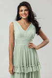 A Line Chiffon Green Bridesmaid Dress with Pleated