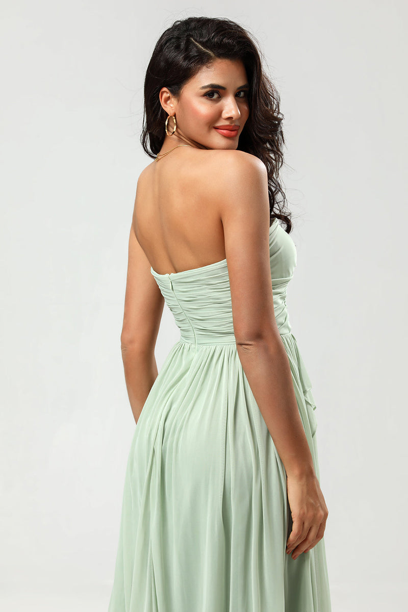 Load image into Gallery viewer, Strapless A Line Chiffon Green Bridesmaid Dress with Pleated
