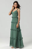 A Line Off the Shoulder Eucalyptus Long Bridesmaid Dress