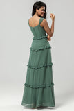 A Line Off the Shoulder Eucalyptus Long Bridesmaid Dress