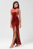 Mermaid High Neck Terracotta Velvet Long Bridesmaid Dress