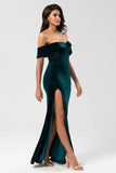 Mermaid Off the Shoulder Peacock Green Velvet Bridesmaid Dress