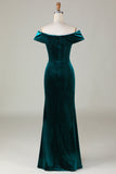 Off the Shoulder Peacock Green Velvet Mermaid Bridesmaid Dress With Slit