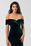 Mermaid Off the Shoulder Peacock Green Velvet Bridesmaid Dress