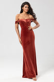 Mermaid Off the Shoulder Terracotta Velvet Bridesmaid Dress