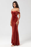 Mermaid Off the Shoulder Terracotta Velvet Bridesmaid Dress