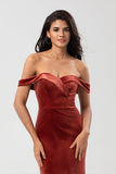 Mermaid Off the Shoulder Terracotta Velvet Bridesmaid Dress