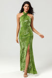 Mermaid Halter Neck Olive Velvet Long Bridesmaid Dress