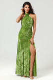 Mermaid Halter Neck Olive Velvet Long Bridesmaid Dress