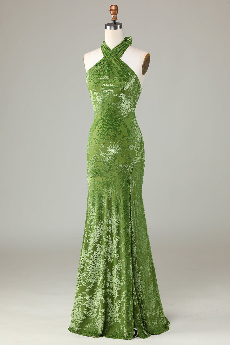 Load image into Gallery viewer, Velvet Halter Olive Bridesmaid Dress