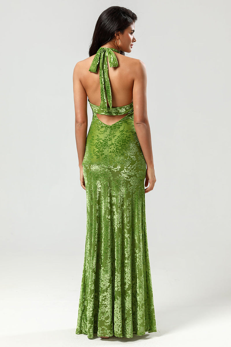 Load image into Gallery viewer, Mermaid Halter Neck Olive Velvet Long Bridesmaid Dress