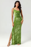 Mermaid One Shoulder Olive Velvet Bridesmaid Dress