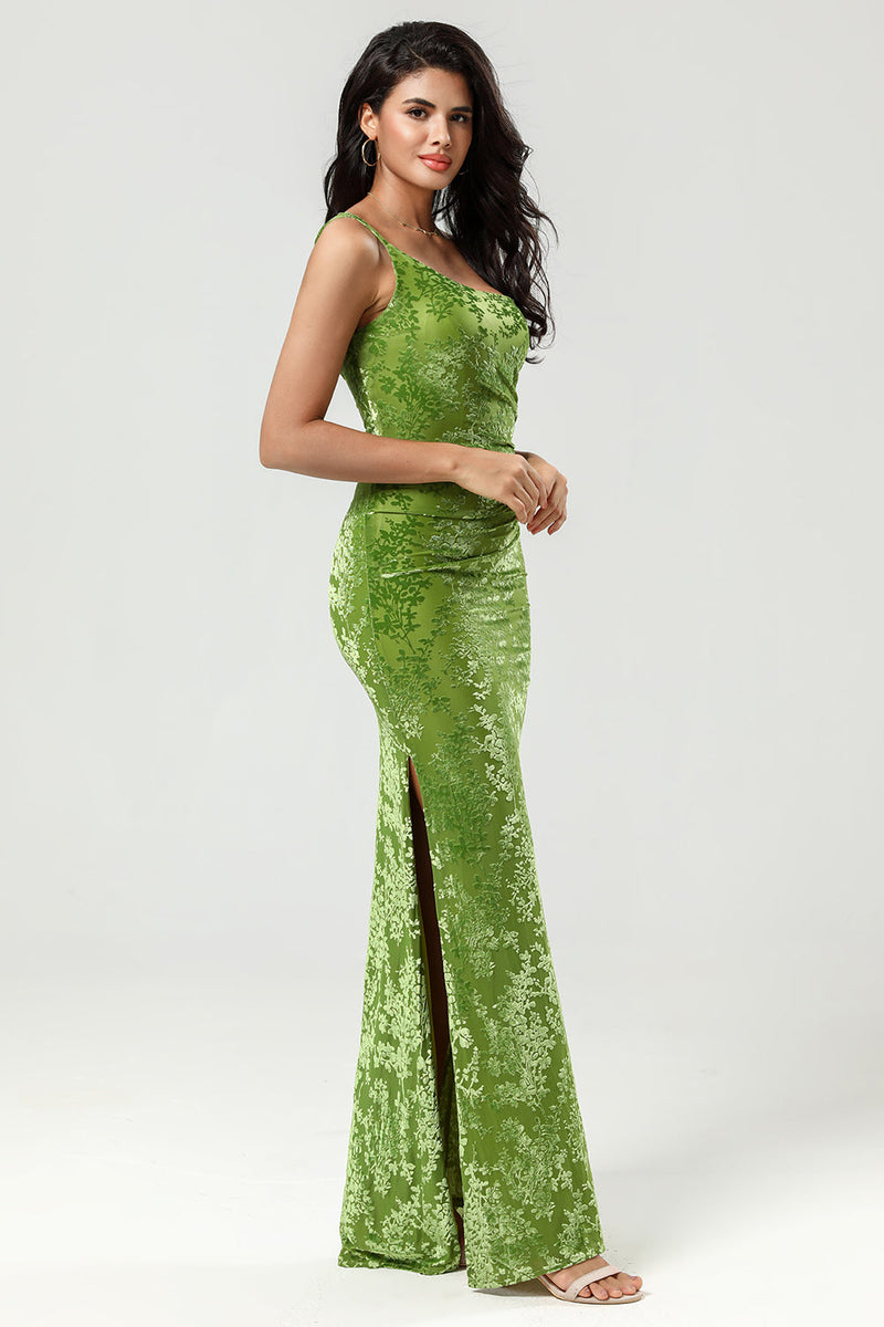 Load image into Gallery viewer, Mermaid One Shoulder Olive Velvet Bridesmaid Dress