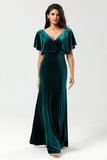 A Line V-Neck Peacock Velvet Bridesmaid Dress with Ruffles