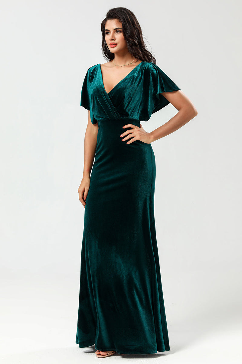Load image into Gallery viewer, A Line V-Neck Peacock Velvet Bridesmaid Dress with Ruffles