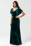 A Line V-Neck Peacock Velvet Bridesmaid Dress with Ruffles