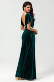 A Line V-Neck Peacock Velvet Bridesmaid Dress with Ruffles