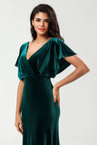 A Line V-Neck Peacock Velvet Bridesmaid Dress with Ruffles