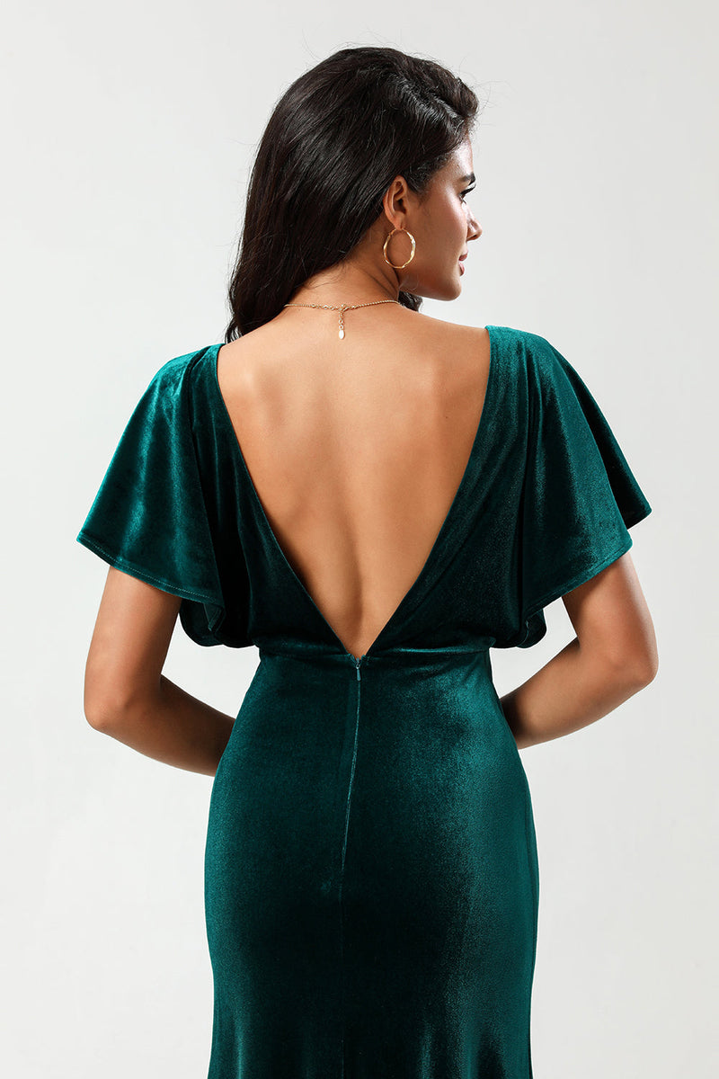Load image into Gallery viewer, A Line V-Neck Peacock Velvet Bridesmaid Dress with Ruffles