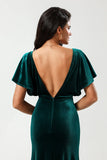 A Line V-Neck Peacock Velvet Bridesmaid Dress with Ruffles