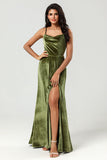 Velvet A Line Green Bridesmaid Dress with Slit