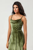 Velvet A Line Green Bridesmaid Dress with Slit