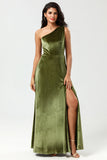 One Shoulder A Line Velvet Green Bridesmaid Dress with Slit