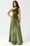 One Shoulder A Line Velvet Green Bridesmaid Dress with Slit