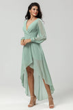 High-low Chiffon A Line Green Bridesmaid Dress with Long Sleeves