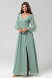 A Line Green Long Sleeves Bridesmaid Dress with Slit