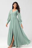 Chiffon A Line Long Sleeves Bridesmaid Dress with Buttons