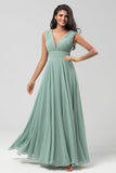 Detachable Long Sleeves Chiffon Green Bridesmaid Dress with Pleated