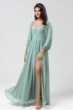 Off the Shoulder Long Sleeves Green Bridemaid Dress with Slit