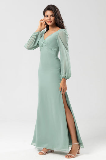 Long Sleeves Green Bridesmaid Dress with Slit