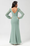 Long Sleeves Green Bridesmaid Dress with Slit