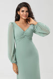 Long Sleeves Green Bridesmaid Dress with Slit