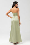 Strapless Satin Sheath Green Bridesmaid Dress