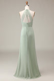 Matcha Halter Neck Sheath Pleated Bridesmaid Dress with Slit