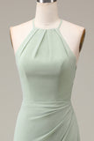 Matcha Halter Neck Sheath Pleated Bridesmaid Dress with Slit