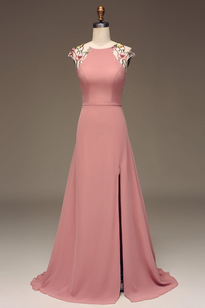 Load image into Gallery viewer, Dusty Rose A-line Chiffon and Embroidery Maxi Bridesmaid Dress