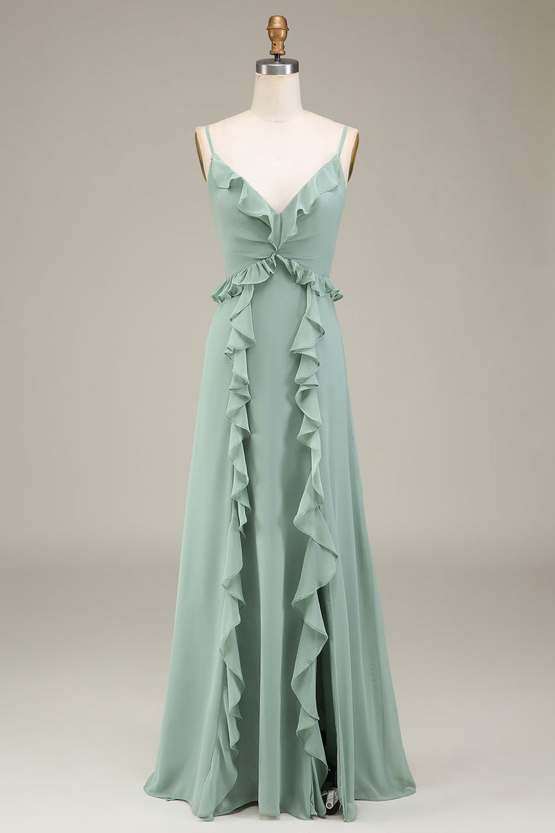 Load image into Gallery viewer, Eucalyptus A-Line V-Neck Chiffon Bridesmaid Dress With Ruffles